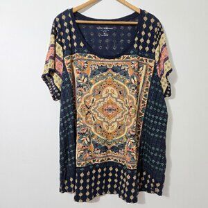 Lucky Brand Womens Blue Persian Carpet T-Shirt Size 3X Short Sleeve Boho Indie